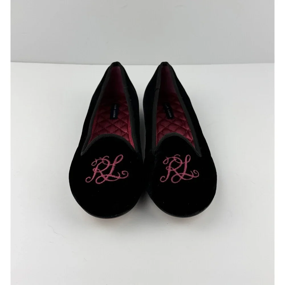 Vintage RALPH LAUREN POLO Girls Size 4 Ballet Flats Monogram RL BLK Pink Velvet